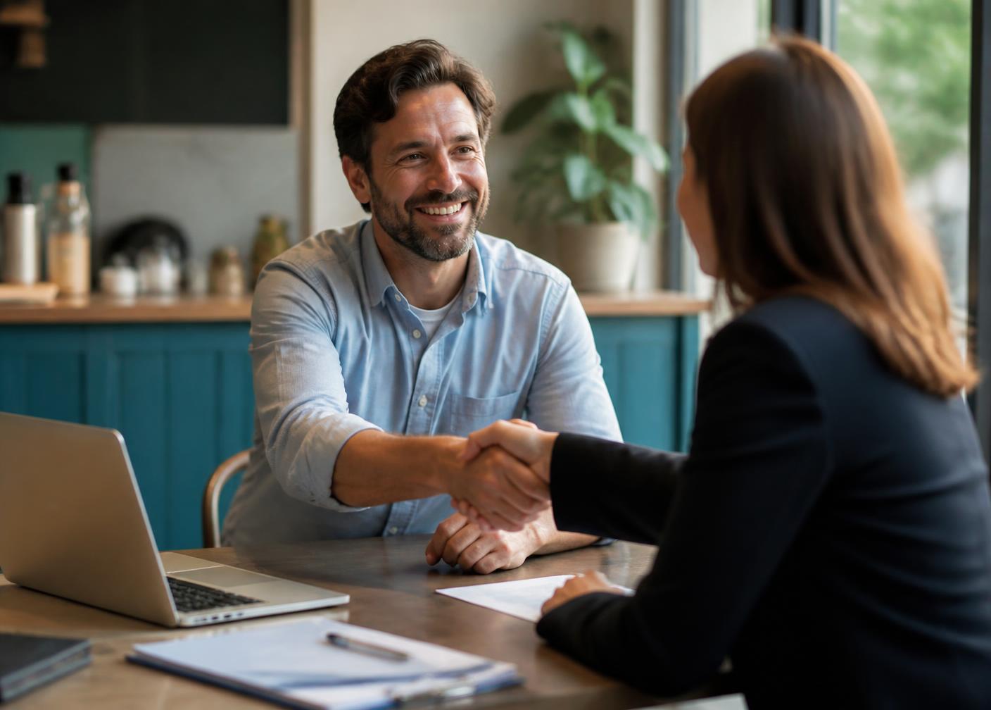 A consultant shaking hands with a small business owner across a desk